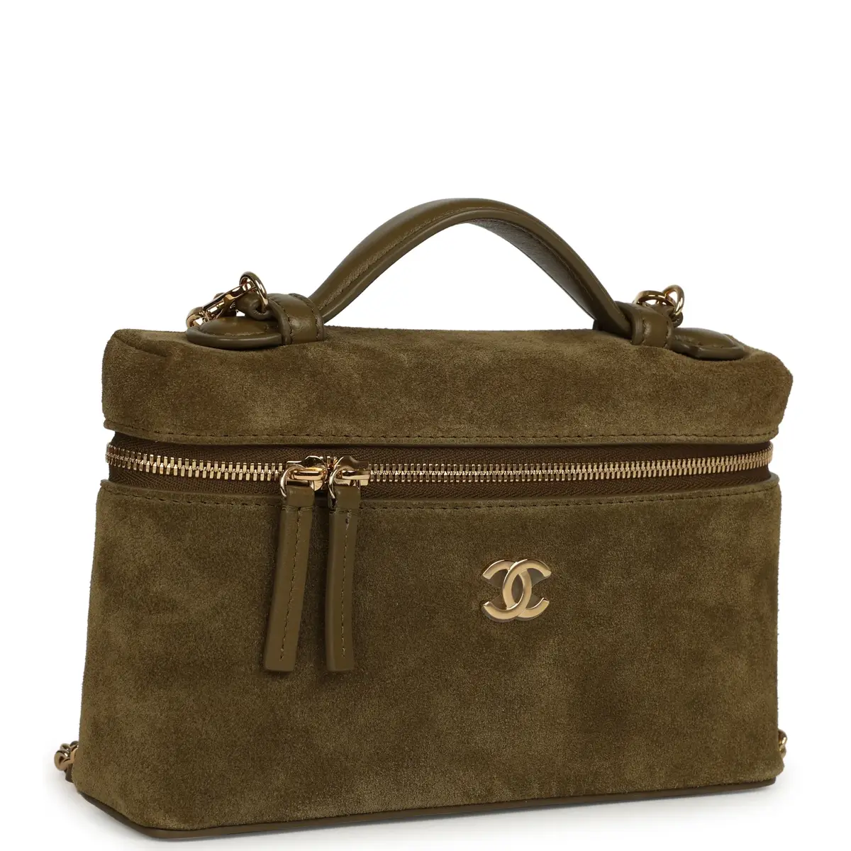 Chanel Chanel Top Handle Long Vanity Case with Chain Dark Khaki Suede Gold Hardware | Thumbnail 2 Chanel Chanel Top Handle Long Vanity Case with Chain Dark Khaki Suede Gold Hardware | Thumbnail 2