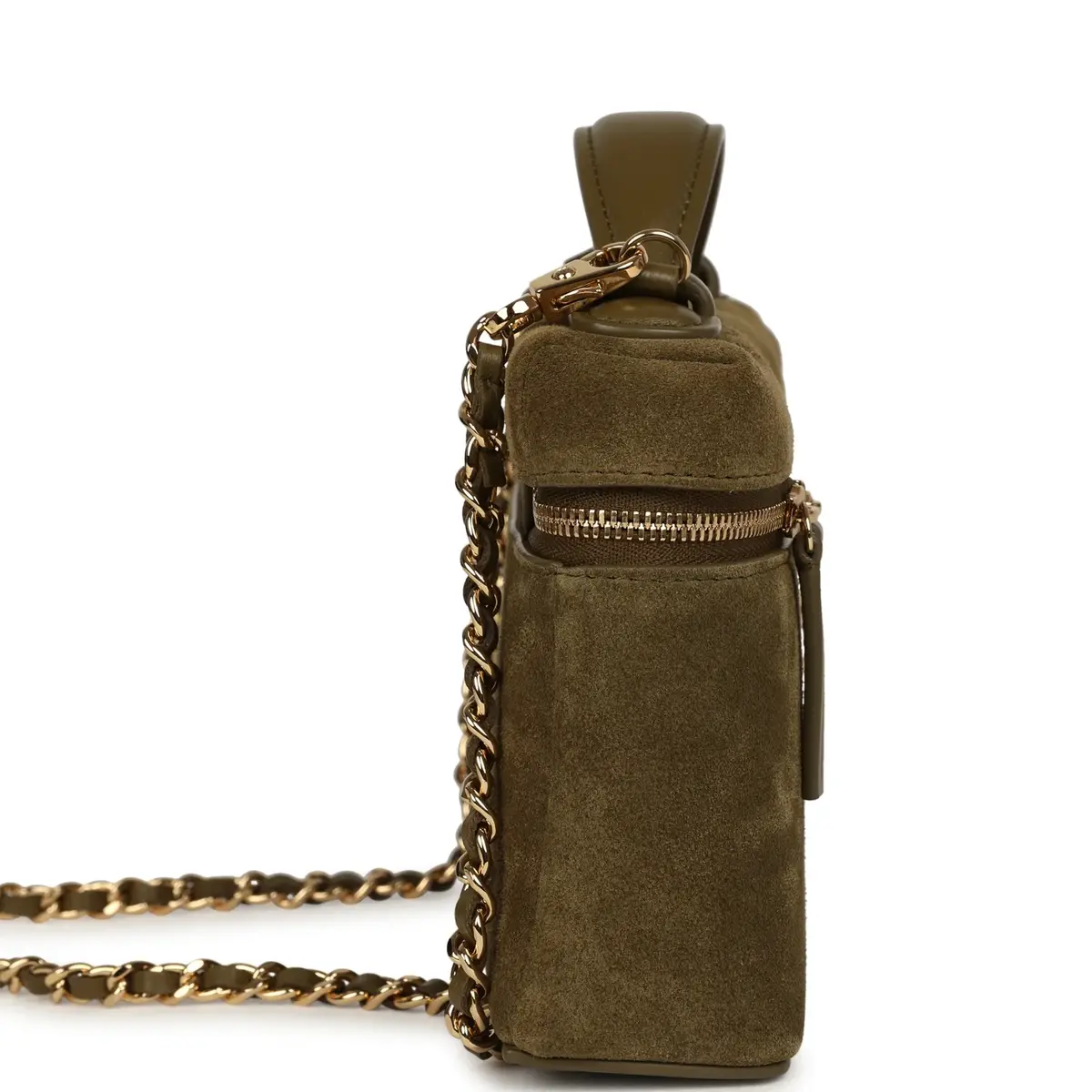 Chanel Chanel Top Handle Long Vanity Case with Chain Dark Khaki Suede Gold Hardware | Thumbnail 4 Chanel Chanel Top Handle Long Vanity Case with Chain Dark Khaki Suede Gold Hardware | Thumbnail 4