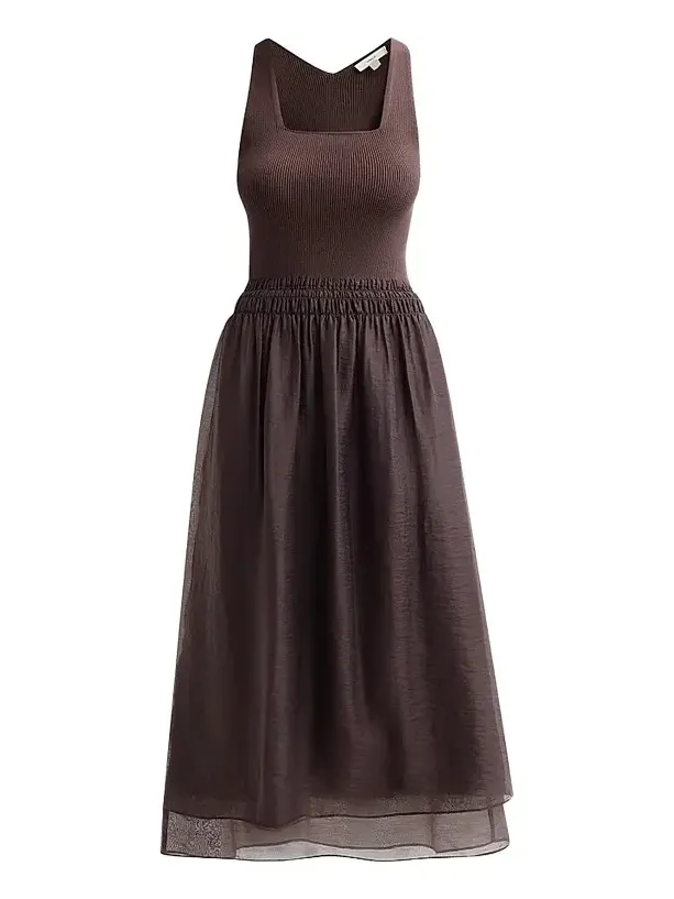 Women's Squareneck Mixed Media Midi Dress