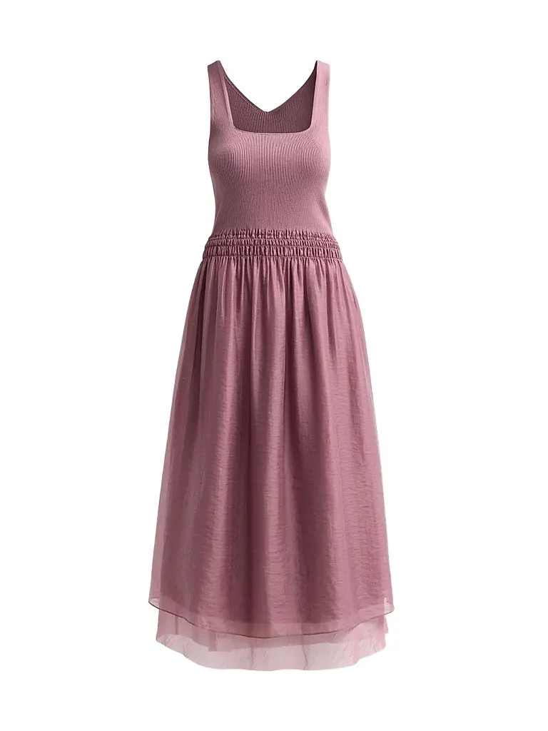 Vince Women's Squareneck Mixed Media Midi Dress | Image 1 Vince Women's Squareneck Mixed Media Midi Dress | Image 1
