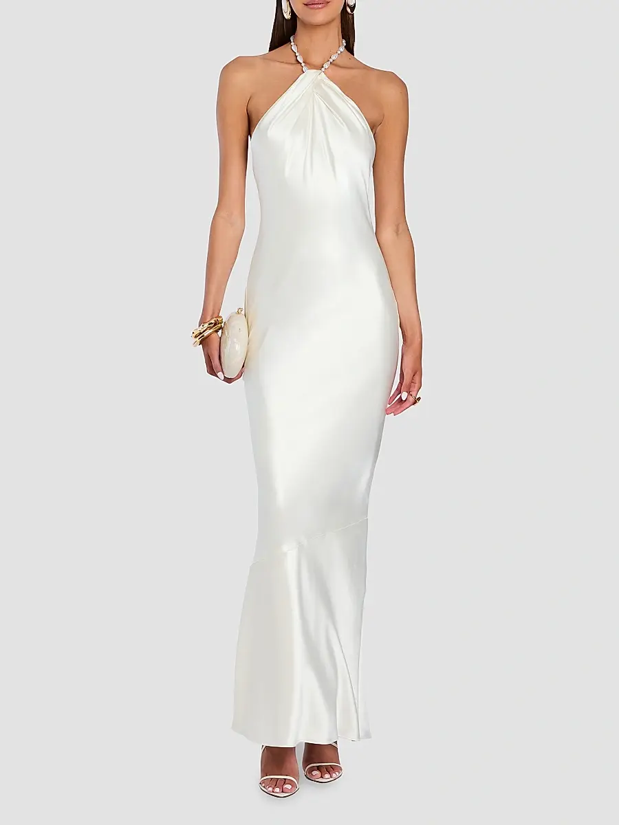 Retrofête Women's Anat Satin Beaded Halter Dress | Thumbnail 2