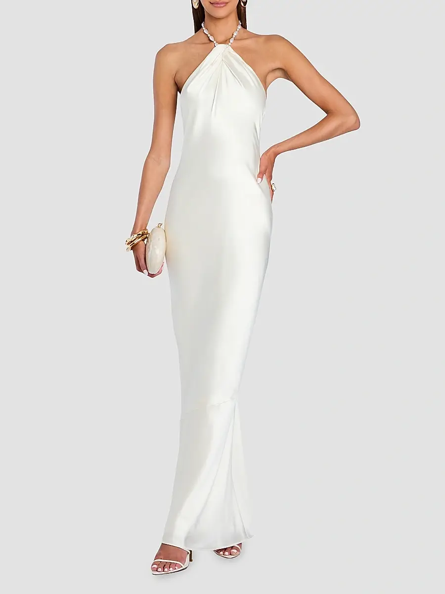 Retrofête Women's Anat Satin Beaded Halter Dress | Thumbnail 4