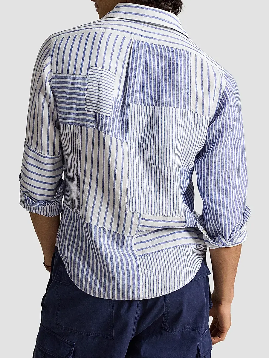 Polo Ralph Lauren Men's Patchwork Striped Linen Button-Front Shirt | Thumbnail 3 Polo Ralph Lauren Men's Patchwork Striped Linen Button-Front Shirt | Thumbnail 3