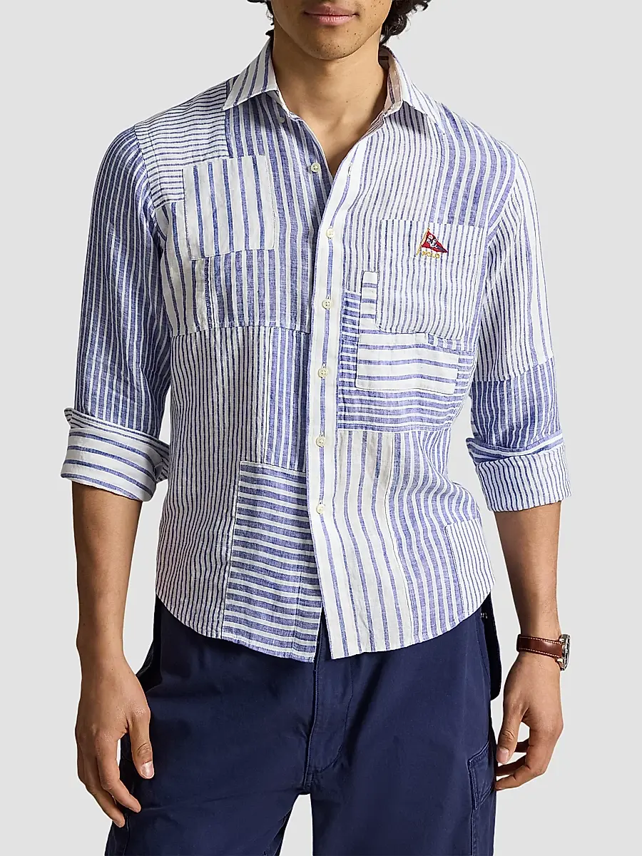 Polo Ralph Lauren Men's Patchwork Striped Linen Button-Front Shirt | Thumbnail 4 Polo Ralph Lauren Men's Patchwork Striped Linen Button-Front Shirt | Thumbnail 4