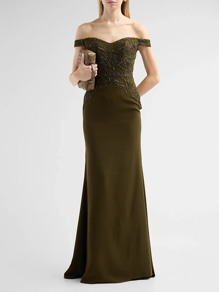 Rene Ruiz Collection Women's Embroidered Crêpe Off-the-Shoulder Gown | Thumbnail 2
