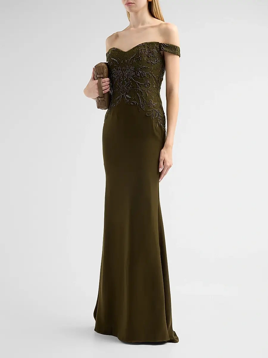 Rene Ruiz Collection Women's Embroidered Crêpe Off-the-Shoulder Gown | Thumbnail 4