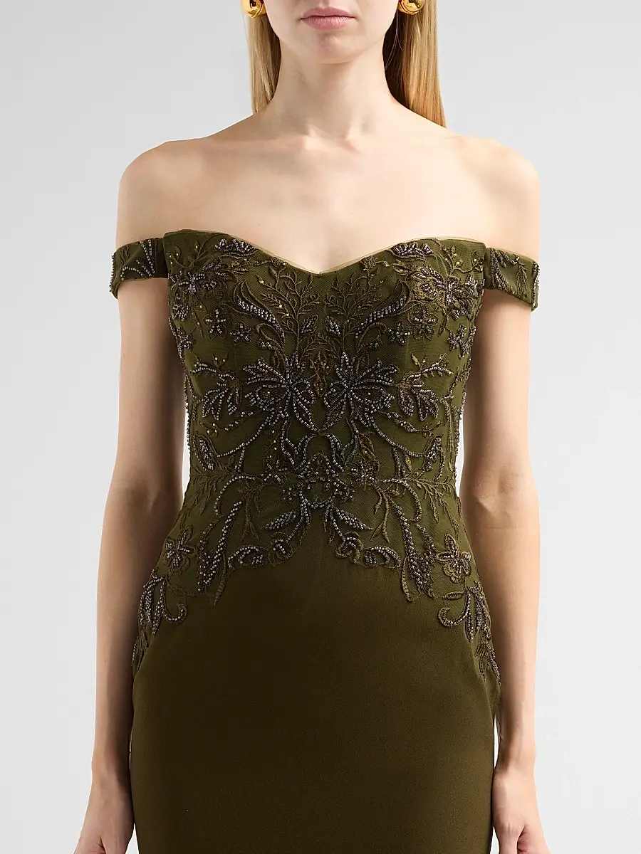 Rene Ruiz Collection Women's Embroidered Crêpe Off-the-Shoulder Gown | Thumbnail 5