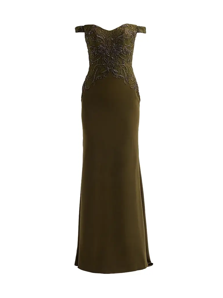 Women's Embroidered Crêpe Off-the-Shoulder Gown
