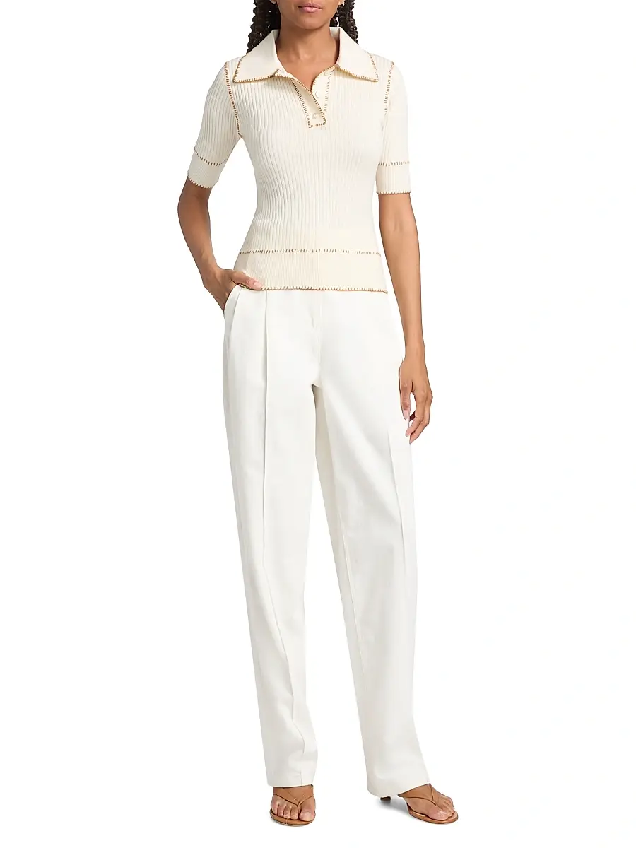 PRABAL GURUNG Women's Whipstitch Rib-Knit Polo Top | Thumbnail 2
