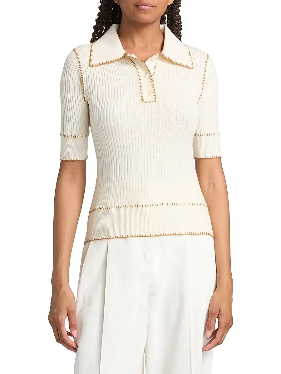 PRABAL GURUNG Women's Whipstitch Rib-Knit Polo Top | Thumbnail 3