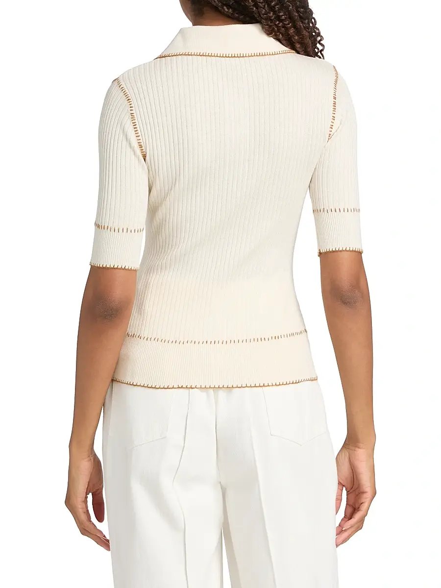 PRABAL GURUNG Women's Whipstitch Rib-Knit Polo Top | Thumbnail 5