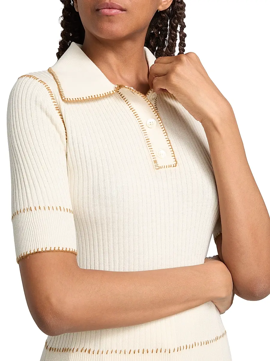 PRABAL GURUNG Women's Whipstitch Rib-Knit Polo Top | Thumbnail 6
