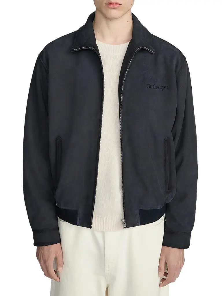 Frame Men's x Sotheby's Suede Zip-Up Bomber Jacket - Navy Washed - Size XL | Image 1 Frame Men's x Sotheby's Suede Zip-Up Bomber Jacket - Navy Washed - Size XL | Image 1