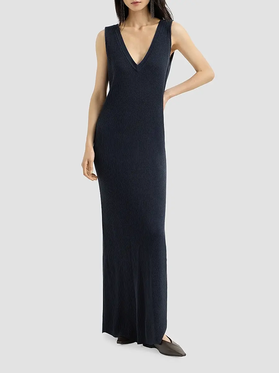 Brunello Cucinelli Women's Cotton Rib Knit Dress with Precious Strap - Blue | Thumbnail 2 Brunello Cucinelli Women's Cotton Rib Knit Dress with Precious Strap - Blue | Thumbnail 2