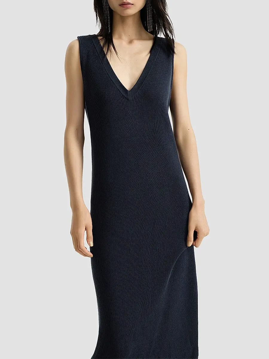 Brunello Cucinelli Women's Cotton Rib Knit Dress with Precious Strap - Blue | Thumbnail 5 Brunello Cucinelli Women's Cotton Rib Knit Dress with Precious Strap - Blue | Thumbnail 5