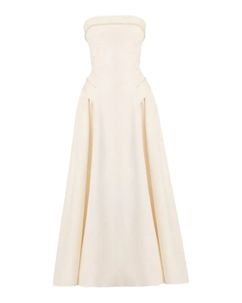 Shoshanna Remington Jacquard Strapless Cocktail Midi Dress | Image 1 Shoshanna Remington Jacquard Strapless Cocktail Midi Dress | Image 1