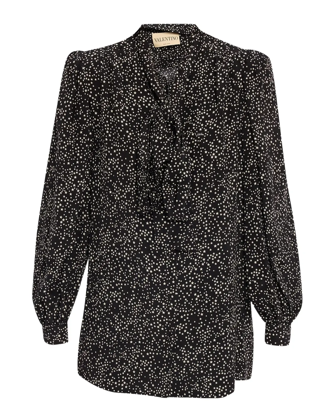 Valentino Garavani Neck-Scarf Star Silk Puff-Sleeve Blouse