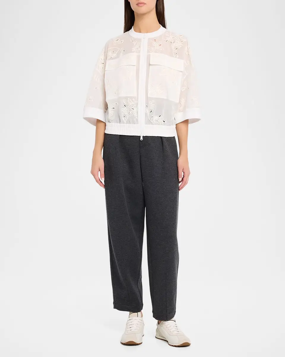 Brunello Cucinelli Broderie Anglaise Cotton Organza 3/4-Sleeve Zip Jacket | Thumbnail 2 Brunello Cucinelli Broderie Anglaise Cotton Organza 3/4-Sleeve Zip Jacket | Thumbnail 2