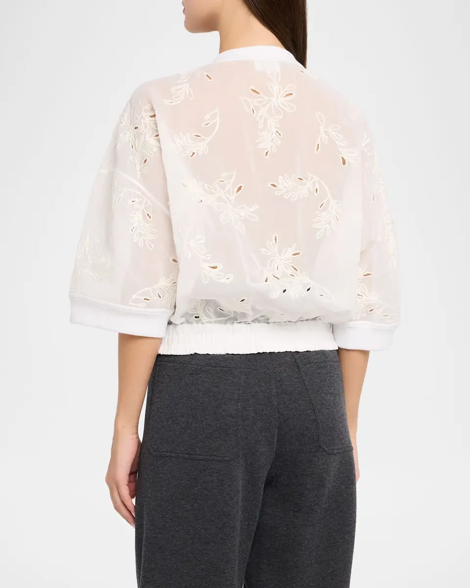 Brunello Cucinelli Broderie Anglaise Cotton Organza 3/4-Sleeve Zip Jacket | Thumbnail 3 Brunello Cucinelli Broderie Anglaise Cotton Organza 3/4-Sleeve Zip Jacket | Thumbnail 3