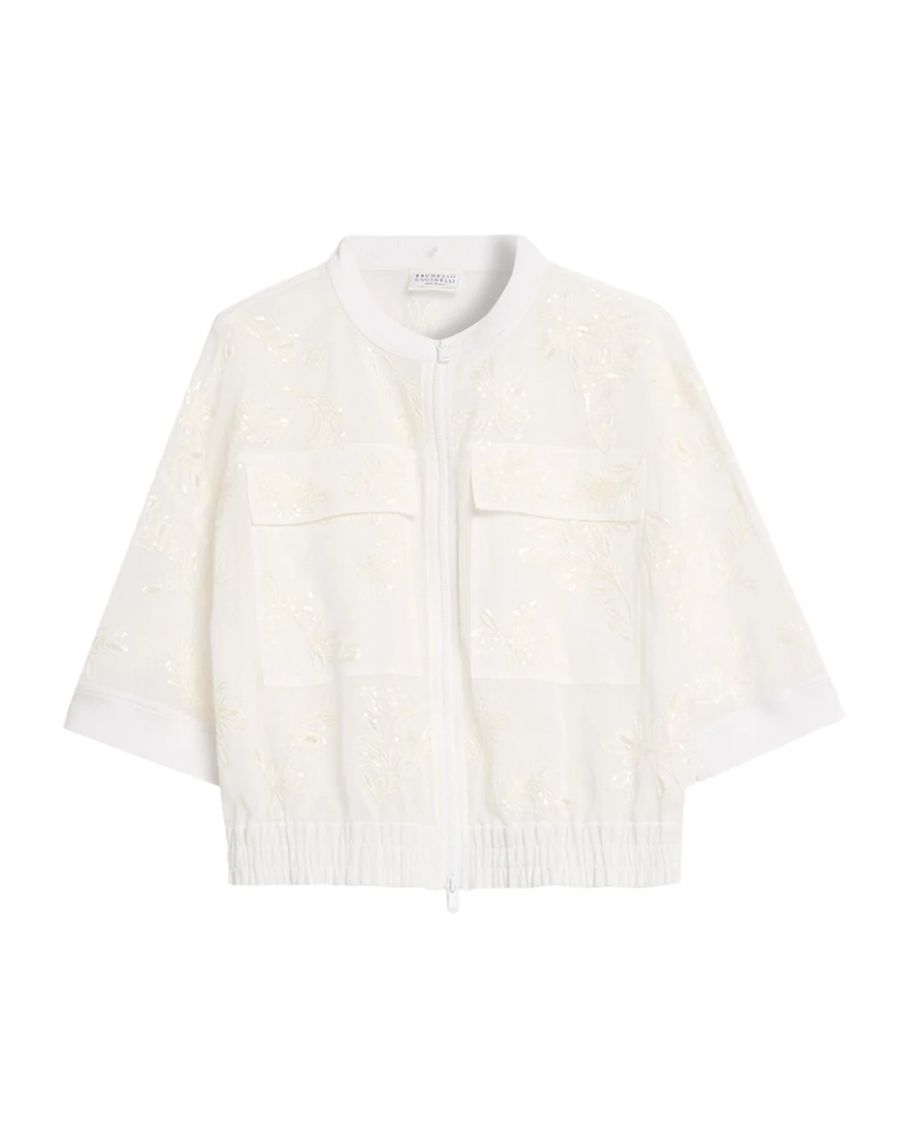 Broderie Anglaise Cotton Organza 3/4-Sleeve Zip Jacket
