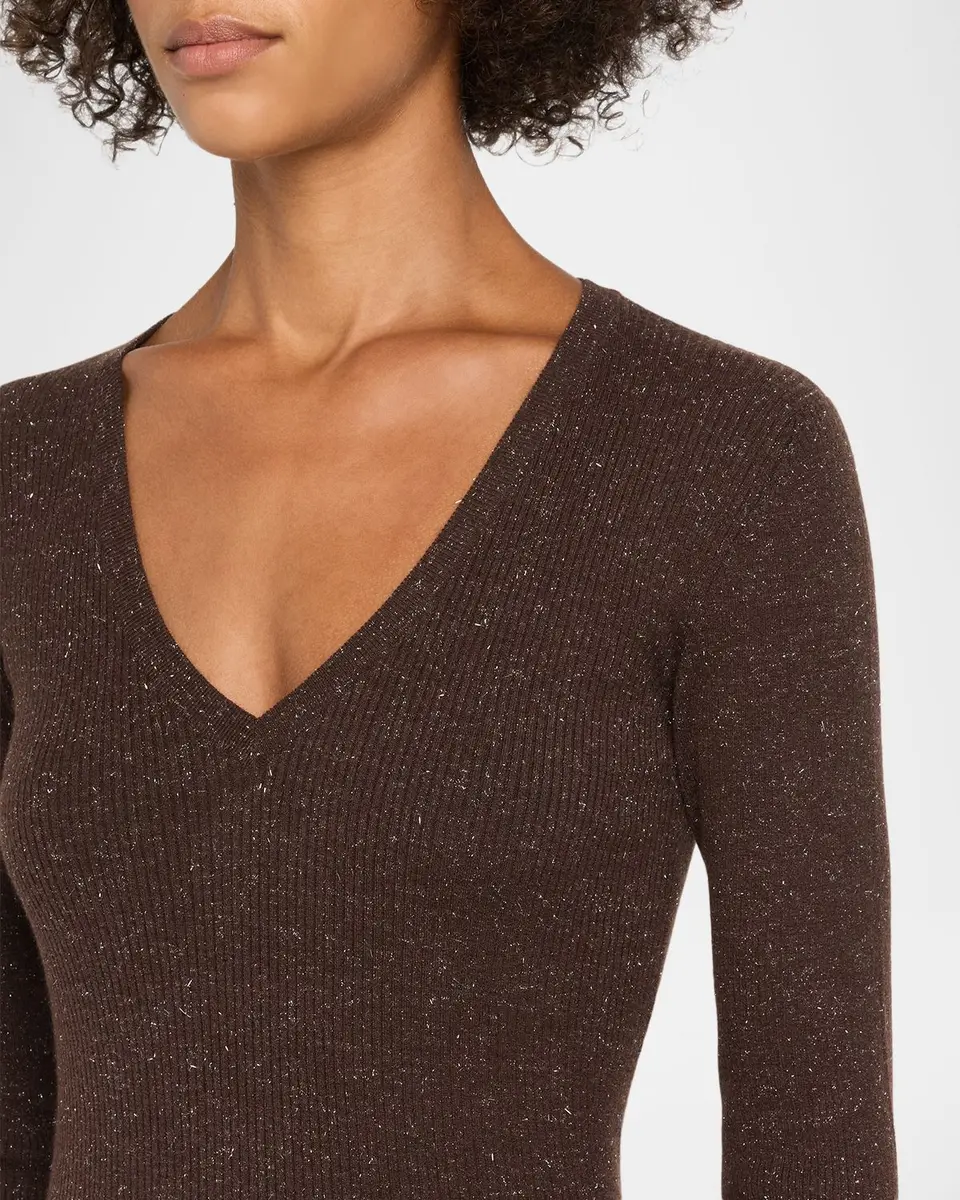 Brunello Cucinelli Shimmering Cashmere Rib V-Neck Fitted Sweater | Thumbnail 5 Brunello Cucinelli Shimmering Cashmere Rib V-Neck Fitted Sweater | Thumbnail 5