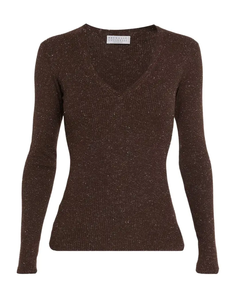 Brunello Cucinelli Shimmering Cashmere Rib V-Neck Fitted Sweater | Image 1 Brunello Cucinelli Shimmering Cashmere Rib V-Neck Fitted Sweater | Image 1
