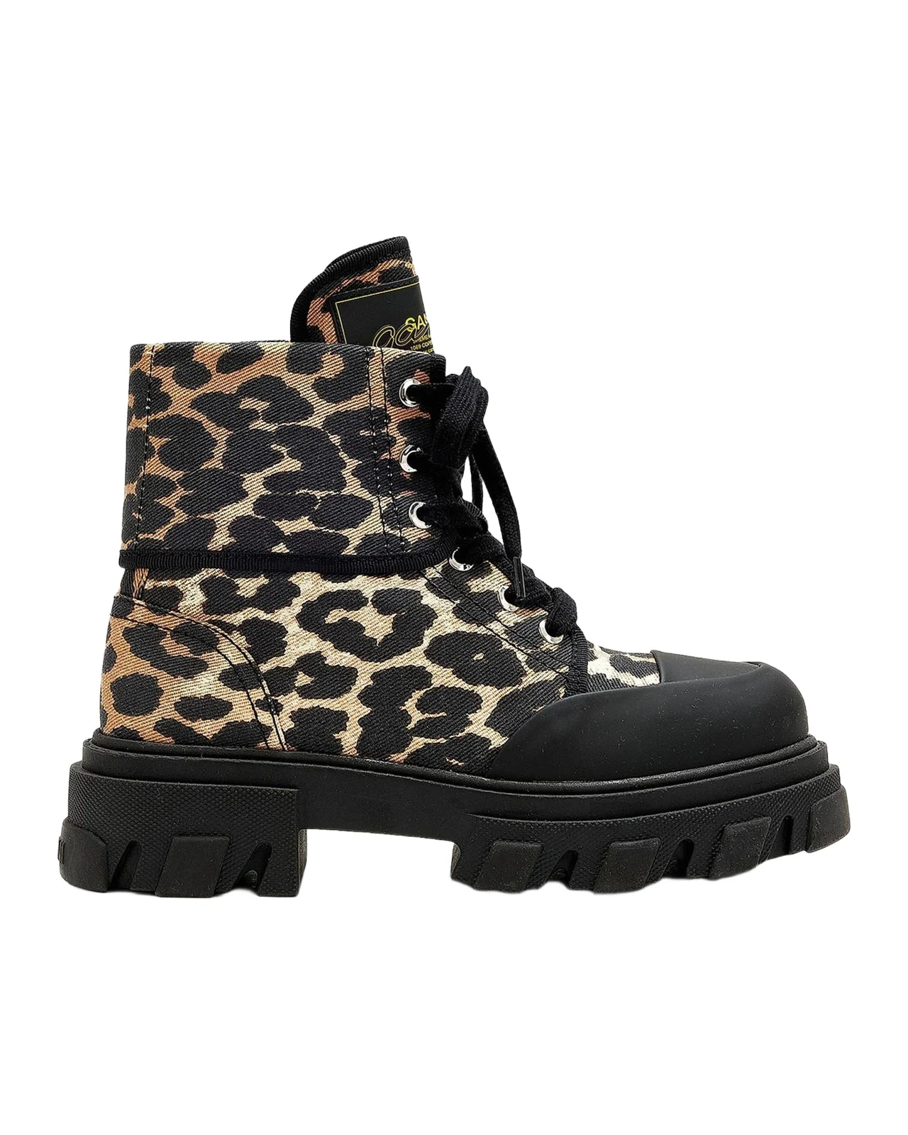Ganni Cleated Leopard-Print Denim Ankle Boots