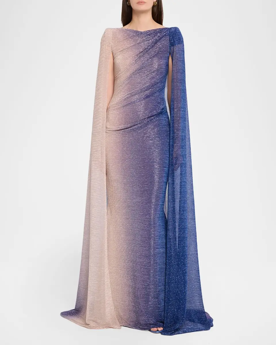 Talbot Runhof Degrade Voile Strong-Shoulder Cap Gown | Thumbnail 2