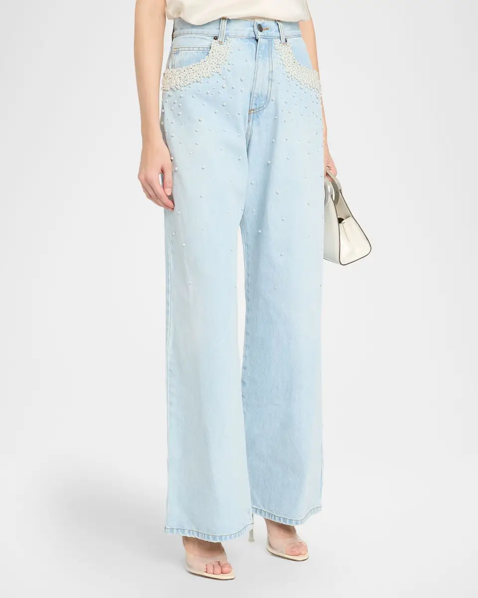 GIUSEPPE DI MORABITO Act II: The Fall of Icarus Imitation Pearl-Embellished Wide-Leg Jeans | Thumbnail 4 GIUSEPPE DI MORABITO Act II: The Fall of Icarus Imitation Pearl-Embellished Wide-Leg Jeans | Thumbnail 4