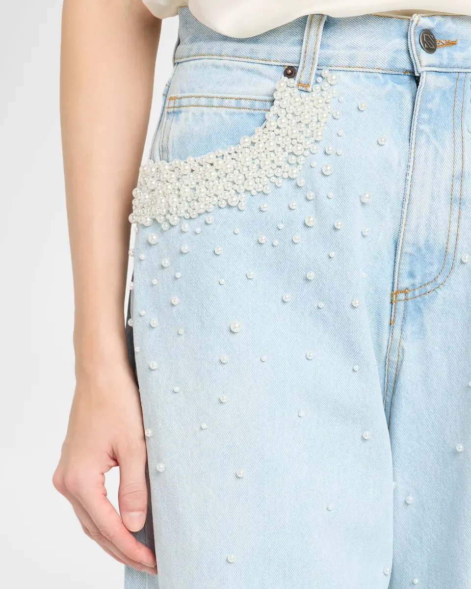 GIUSEPPE DI MORABITO Act II: The Fall of Icarus Imitation Pearl-Embellished Wide-Leg Jeans | Thumbnail 5 GIUSEPPE DI MORABITO Act II: The Fall of Icarus Imitation Pearl-Embellished Wide-Leg Jeans | Thumbnail 5