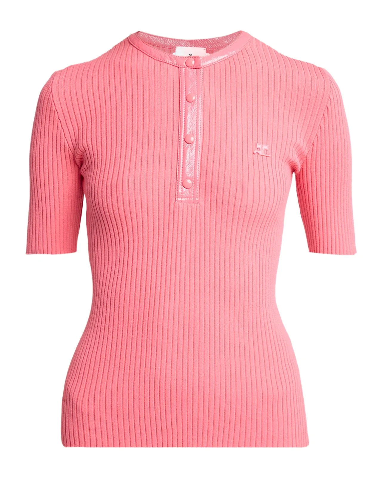 Courrèges Vinyl-Trim Short-Sleeve Rib Top
