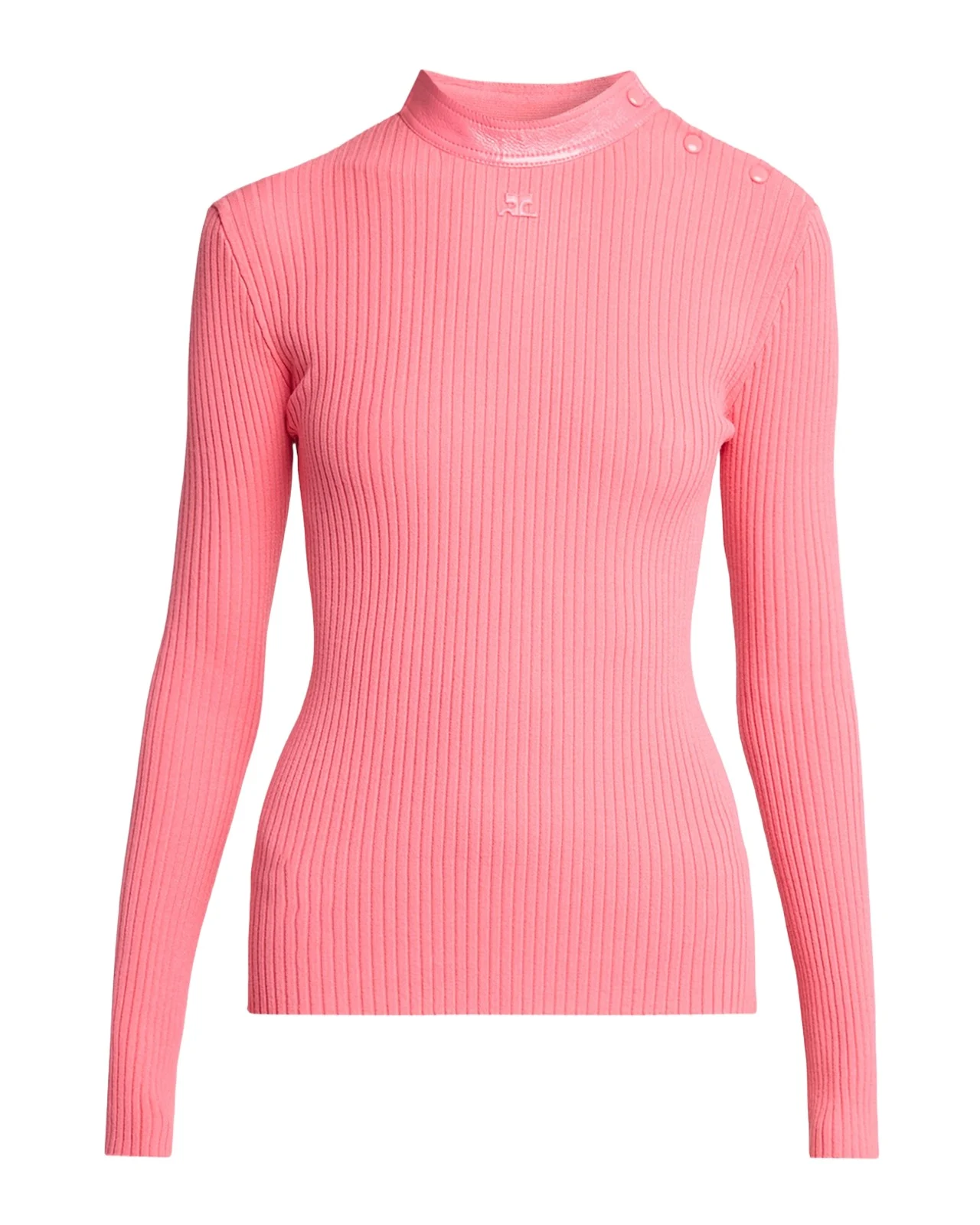 Courrèges Vinyl Collar Ribbed Button-Shoulder Long-Sleeve Top