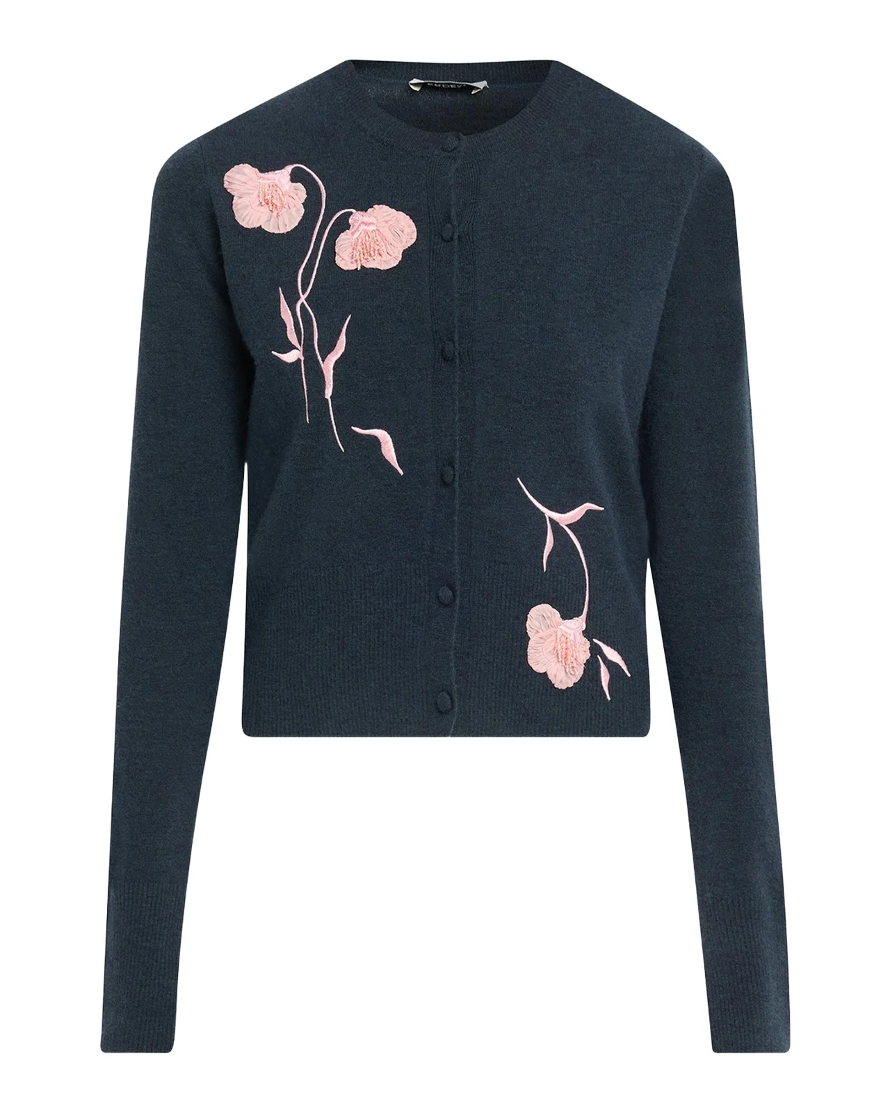 Flower Embroidered Cashmere-Wool Crewneck Cardigan Flower Embroidered Cashmere-Wool Crewneck Cardigan