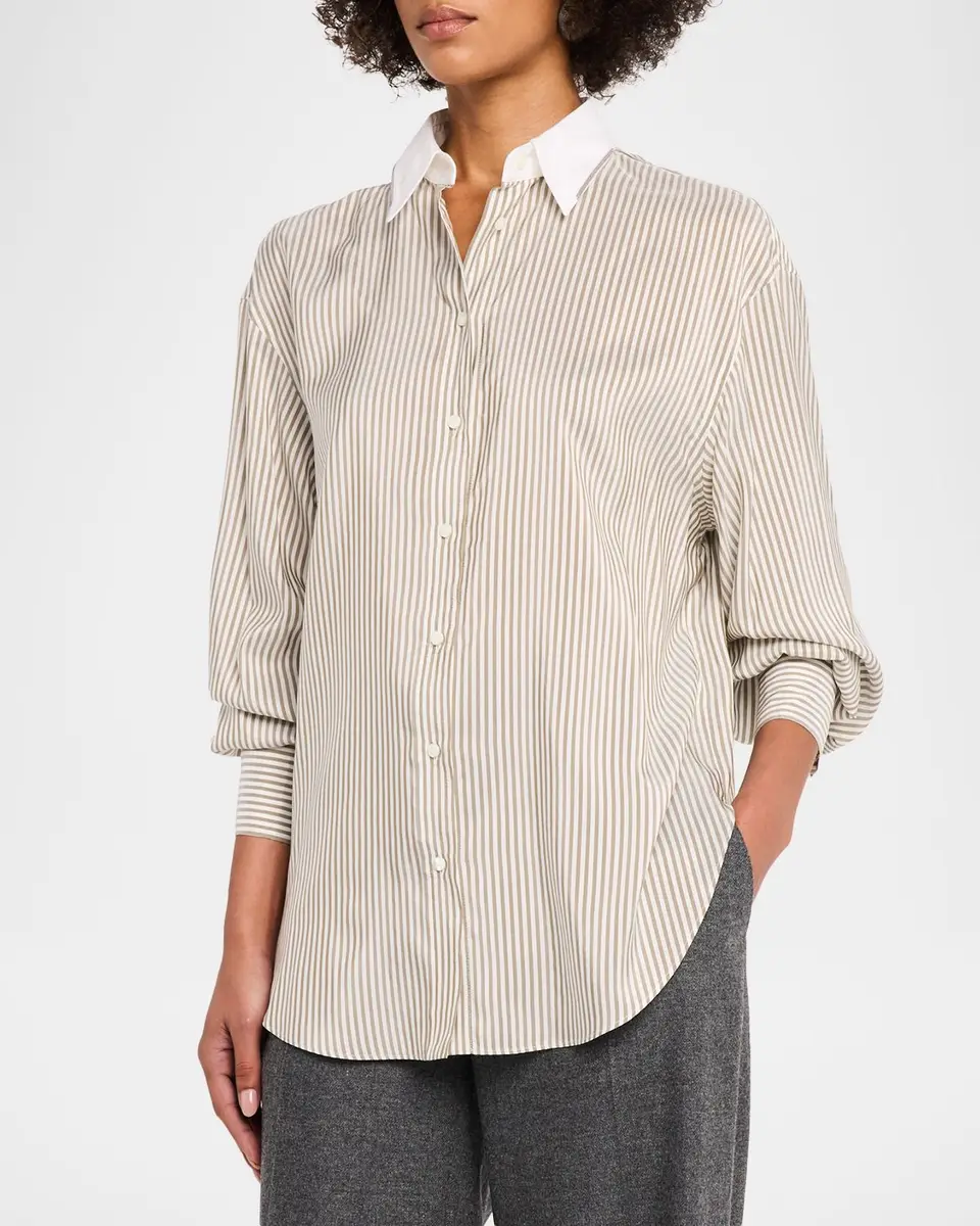 Brunello Cucinelli Silk-Blend Striped Buttoned Shirt | Thumbnail 4 Brunello Cucinelli Silk-Blend Striped Buttoned Shirt | Thumbnail 4