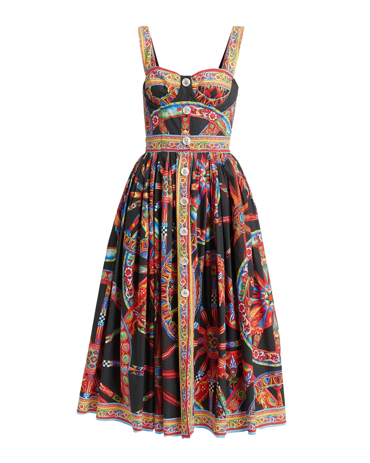 Dolce & Gabbana Sleeveless Carretto-Print Poplin Button-Front Midi Bustier Dress