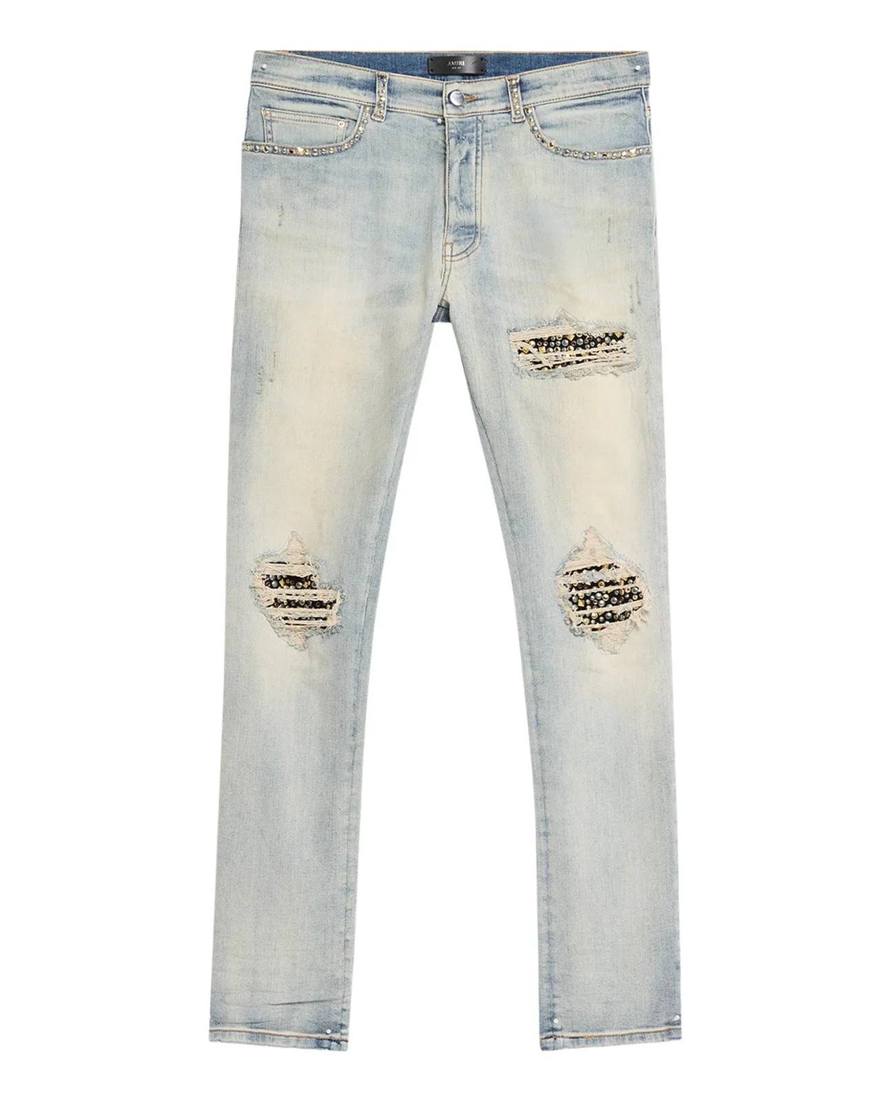 Men's Studded Rip and Repair Black Denim Skinny Jeans