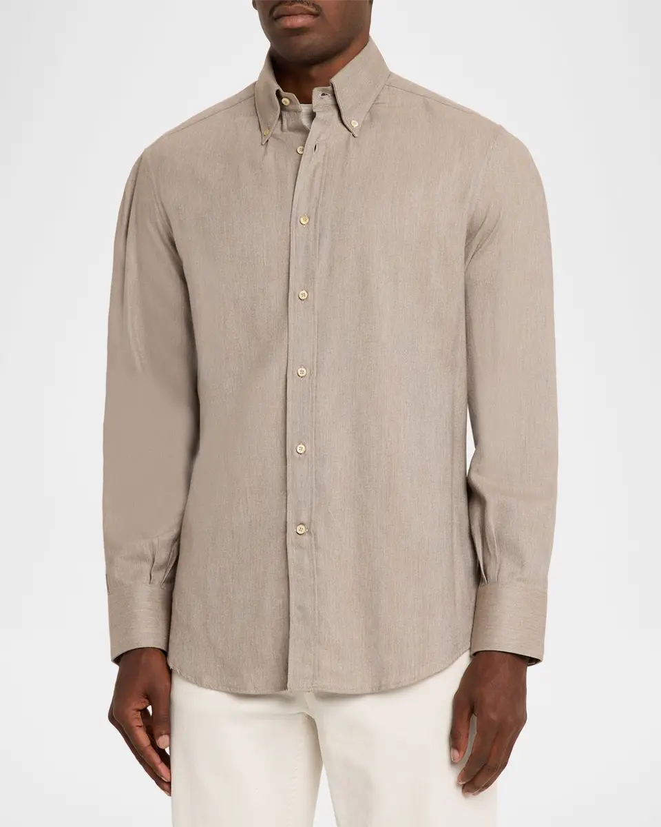 Brunello Cucinelli Men's Flannel Chevron Button-Down Shirt | Thumbnail 4 Brunello Cucinelli Men's Flannel Chevron Button-Down Shirt | Thumbnail 4