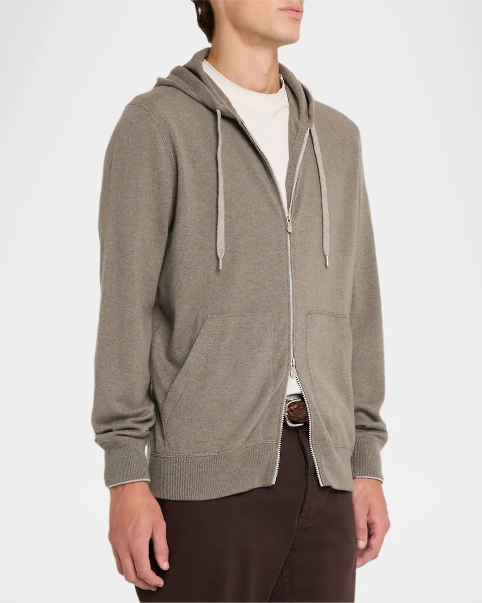 Brunello Cucinelli Men's Cashmere Knit Full-Zip Hoodie | Thumbnail 4