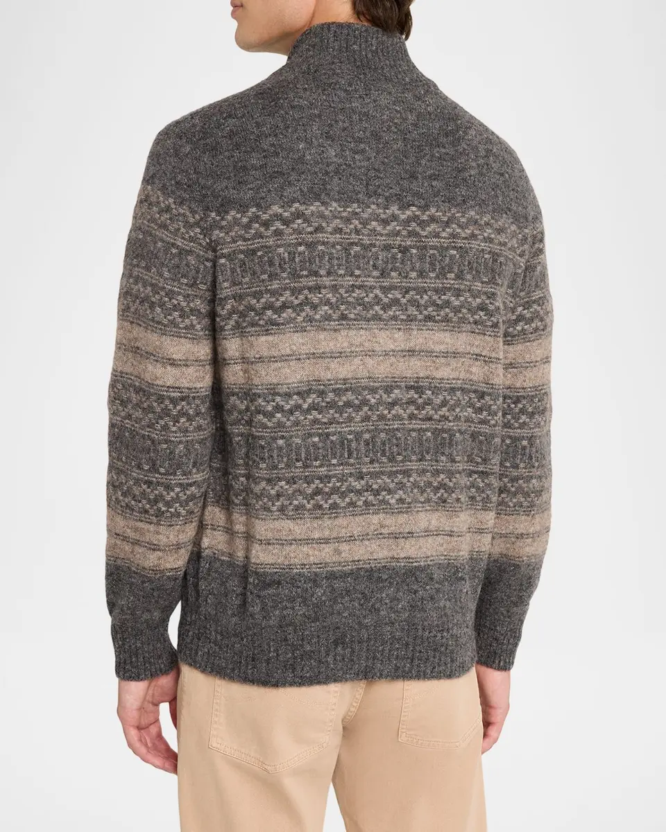 Brunello Cucinelli Men's Geometric Stripe Full-Zip Cardigan | Thumbnail 3