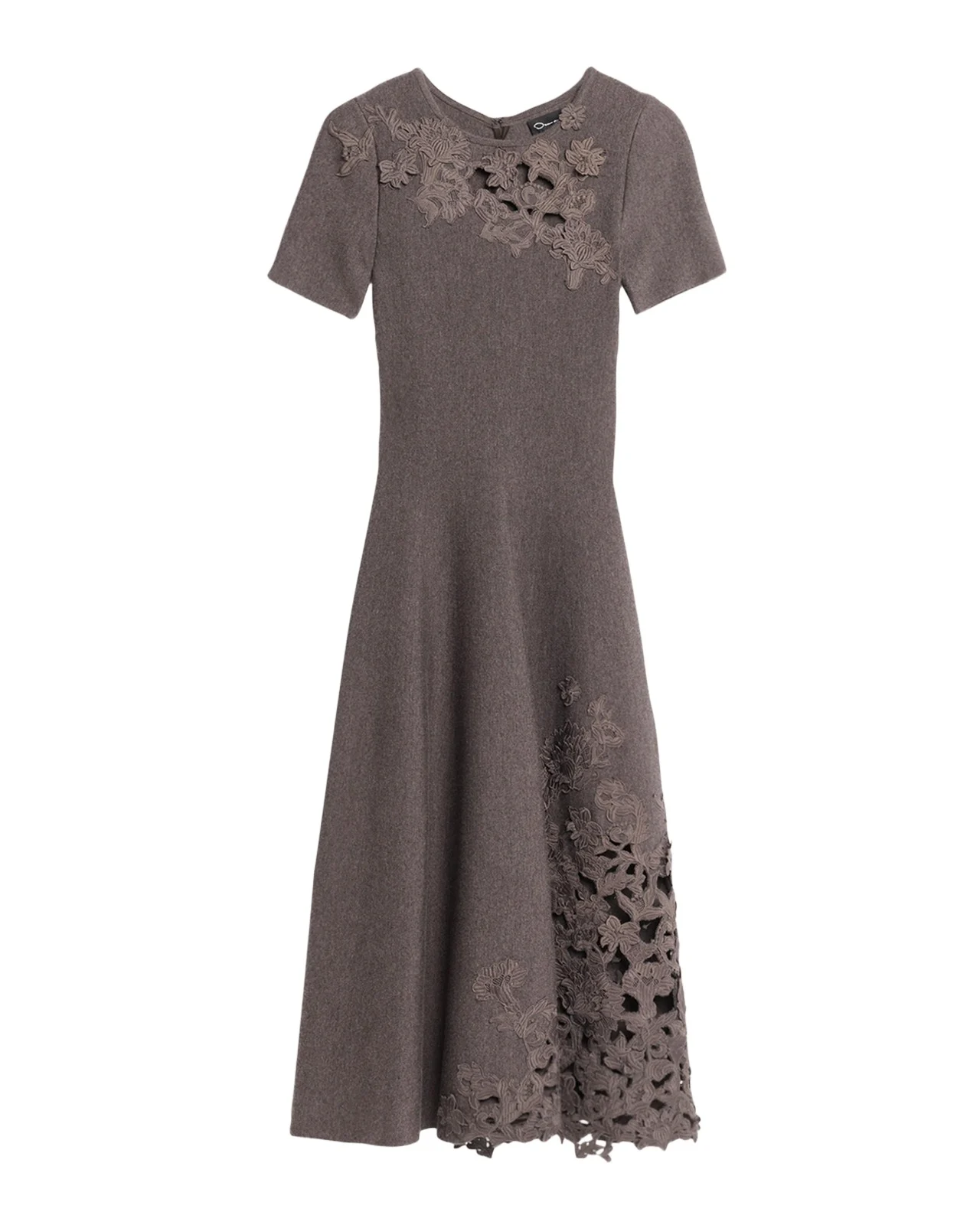 Oscar de la Renta Short-Sleeve Lace-Inset Wool Knit Midi Dress