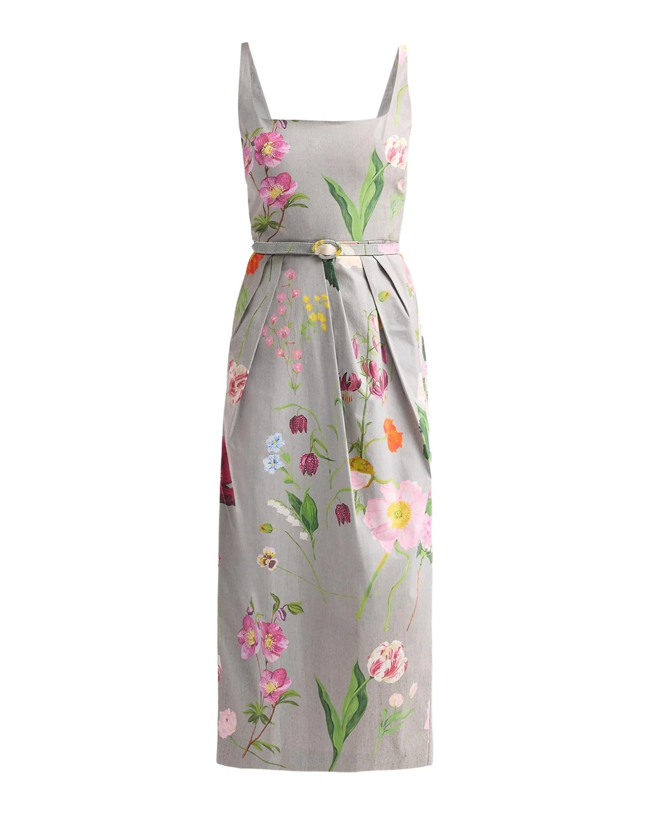 Oscar de la Renta Mixed Botanical Pleated Stretch-Cotton Midi Dress