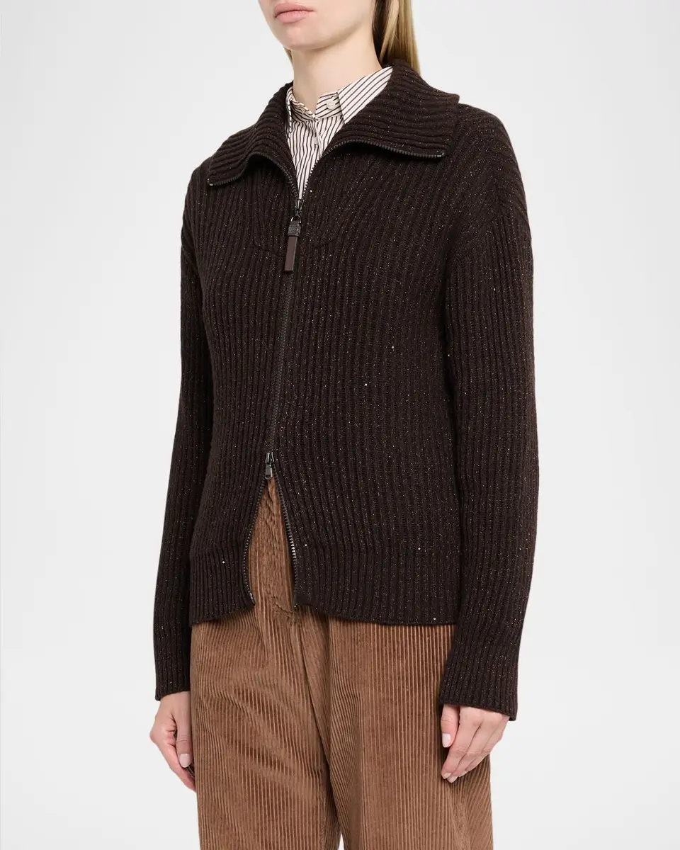 Brunello Cucinelli Shimmering Cashmere-Wool Rib Zip Cardigan | Thumbnail 4 Brunello Cucinelli Shimmering Cashmere-Wool Rib Zip Cardigan | Thumbnail 4