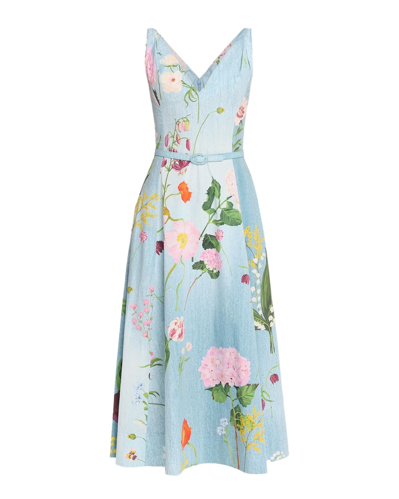 Oscar de la Renta Sleeveless V-Neck Mixed Botanical Midi Day Dress