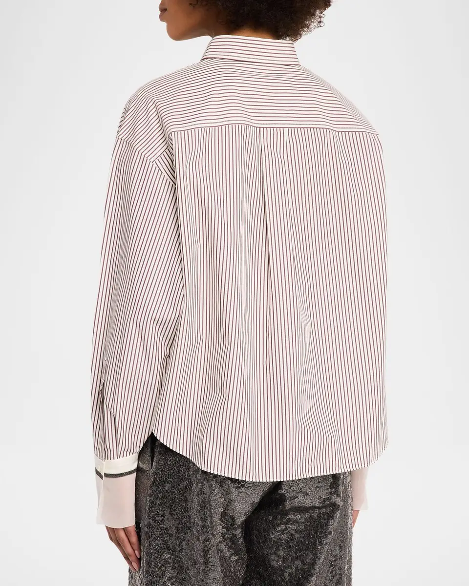 Brunello Cucinelli Striped Cotton Poplin Boxy Button-Down Shirt With Monili Trim | Thumbnail 3 Brunello Cucinelli Striped Cotton Poplin Boxy Button-Down Shirt With Monili Trim | Thumbnail 3