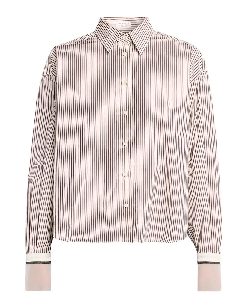 Brunello Cucinelli Striped Cotton Poplin Boxy Button-Down Shirt With Monili Trim | Image 1 Brunello Cucinelli Striped Cotton Poplin Boxy Button-Down Shirt With Monili Trim | Image 1