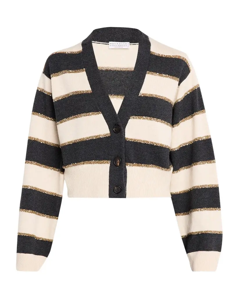 Brunello Cucinelli Luminous Striped Cashmere Crop V-Neck Cardigan | Image 1 Brunello Cucinelli Luminous Striped Cashmere Crop V-Neck Cardigan | Image 1