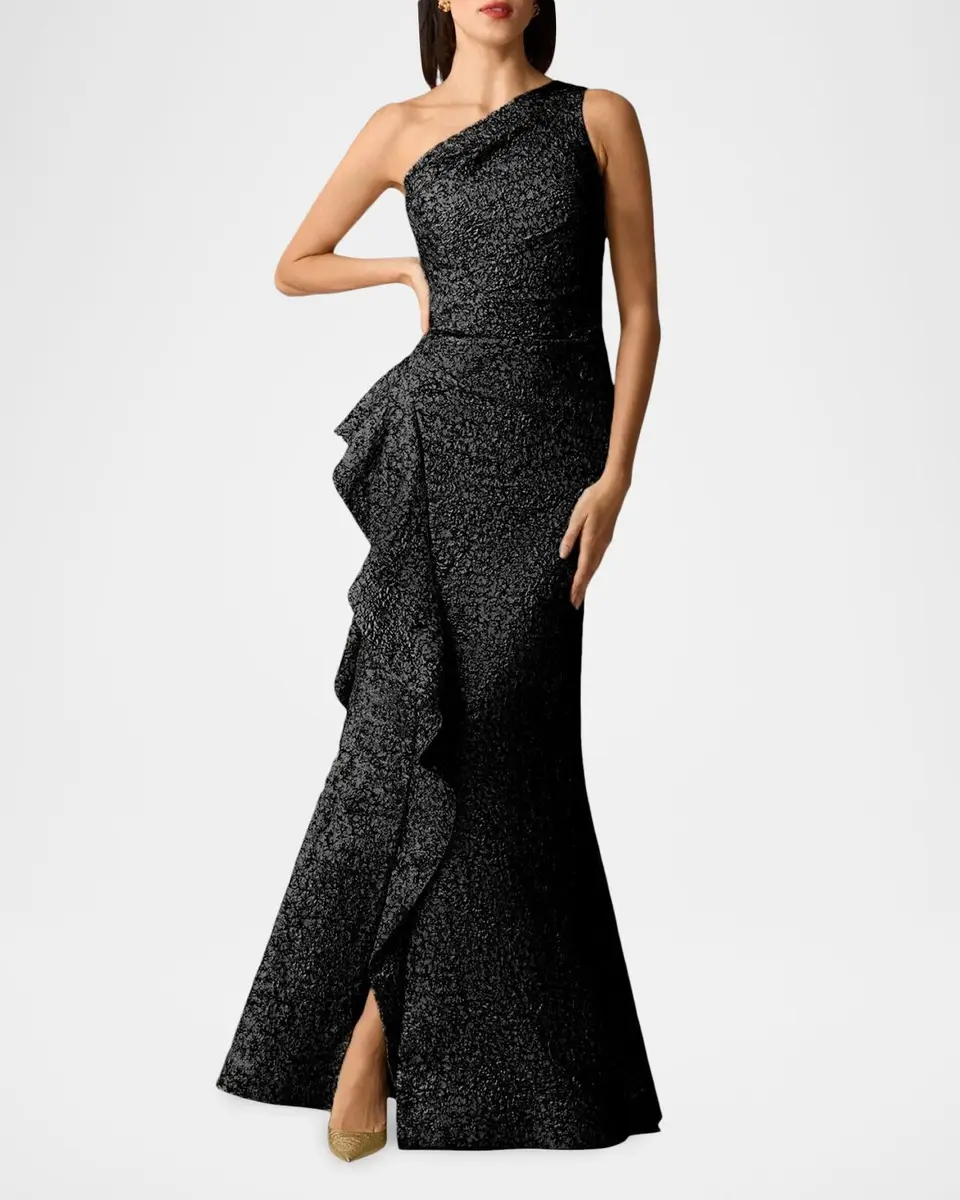 Rickie Freeman for Teri Jon One-Shoulder Jacquard Side-Ruffle Gown | Thumbnail 2 Rickie Freeman for Teri Jon One-Shoulder Jacquard Side-Ruffle Gown | Thumbnail 2