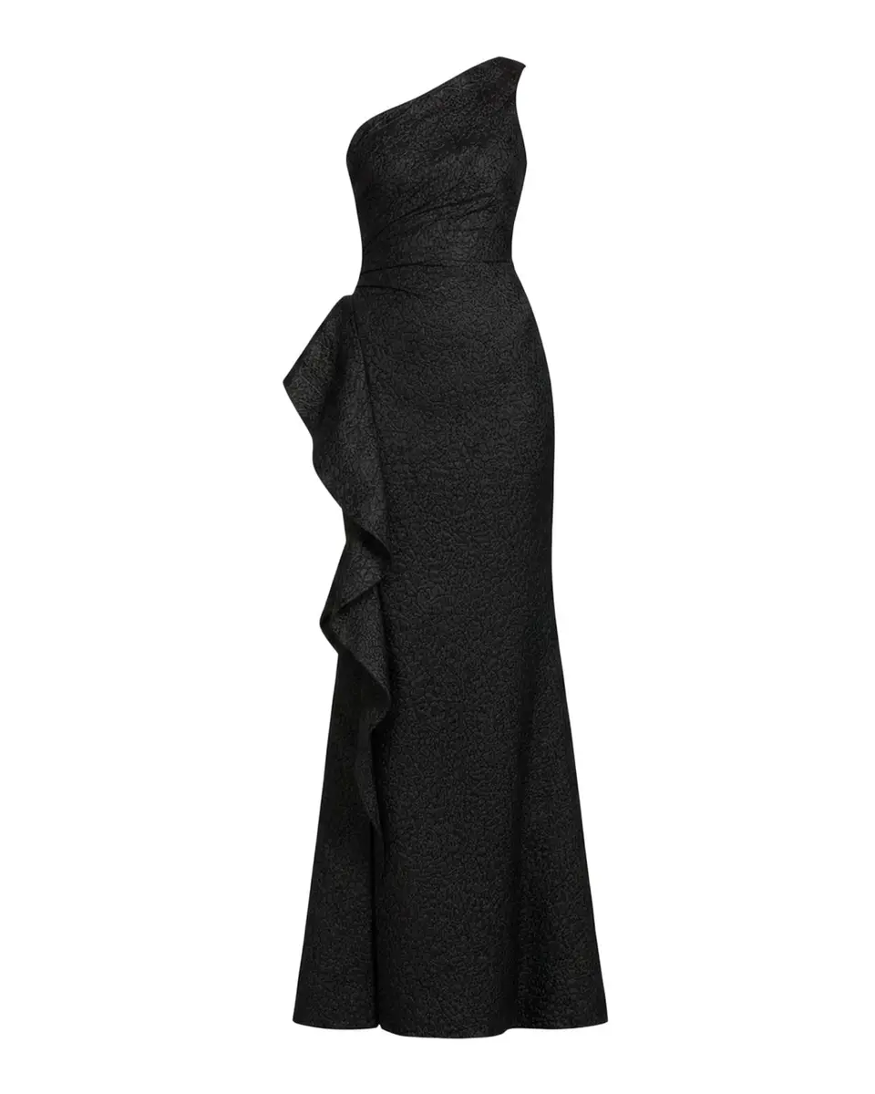 Rickie Freeman for Teri Jon One-Shoulder Jacquard Side-Ruffle Gown | Thumbnail 3 Rickie Freeman for Teri Jon One-Shoulder Jacquard Side-Ruffle Gown | Thumbnail 3