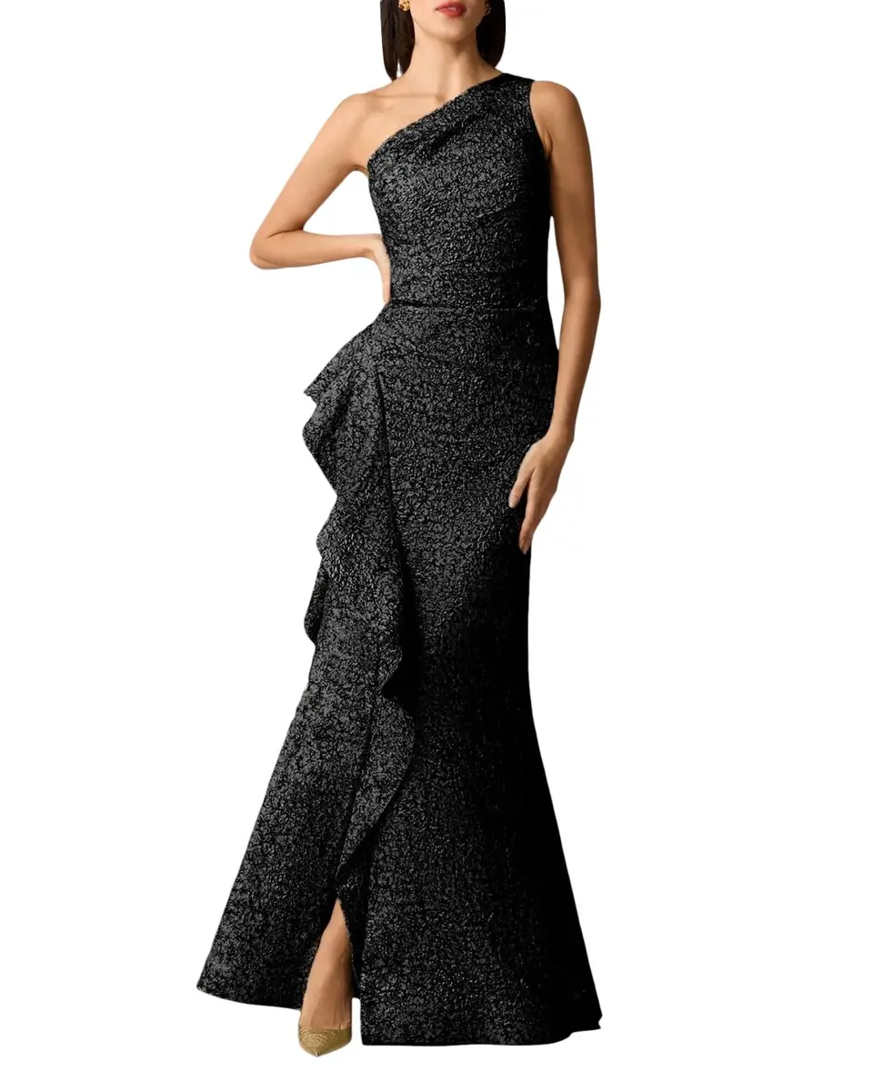 Rickie Freeman for Teri Jon One-Shoulder Jacquard Side-Ruffle Gown | Thumbnail 4 Rickie Freeman for Teri Jon One-Shoulder Jacquard Side-Ruffle Gown | Thumbnail 4