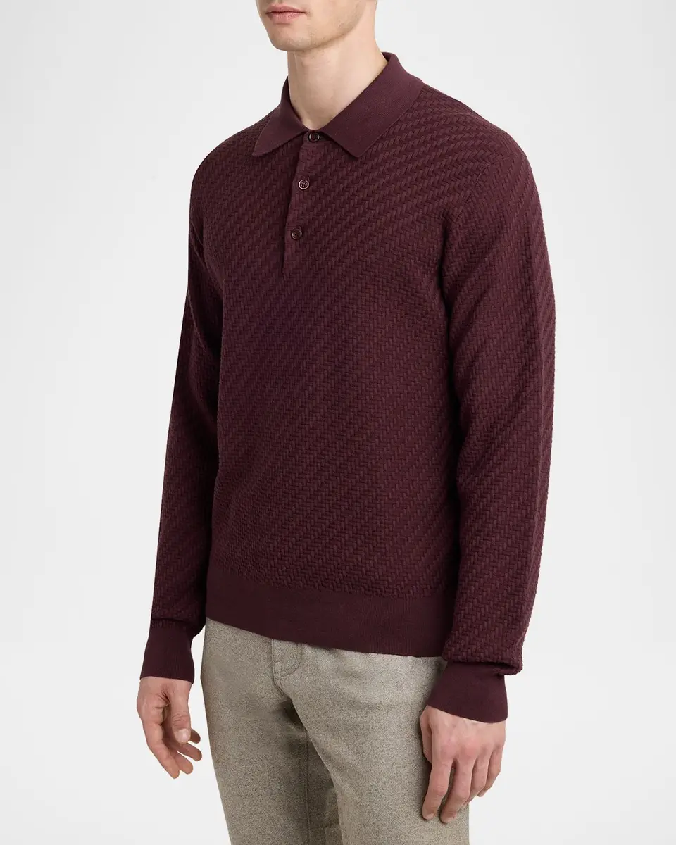 Brioni Men's Cotton and Cashmere Jacquard Polo Sweater | Thumbnail 4 Brioni Men's Cotton and Cashmere Jacquard Polo Sweater | Thumbnail 4